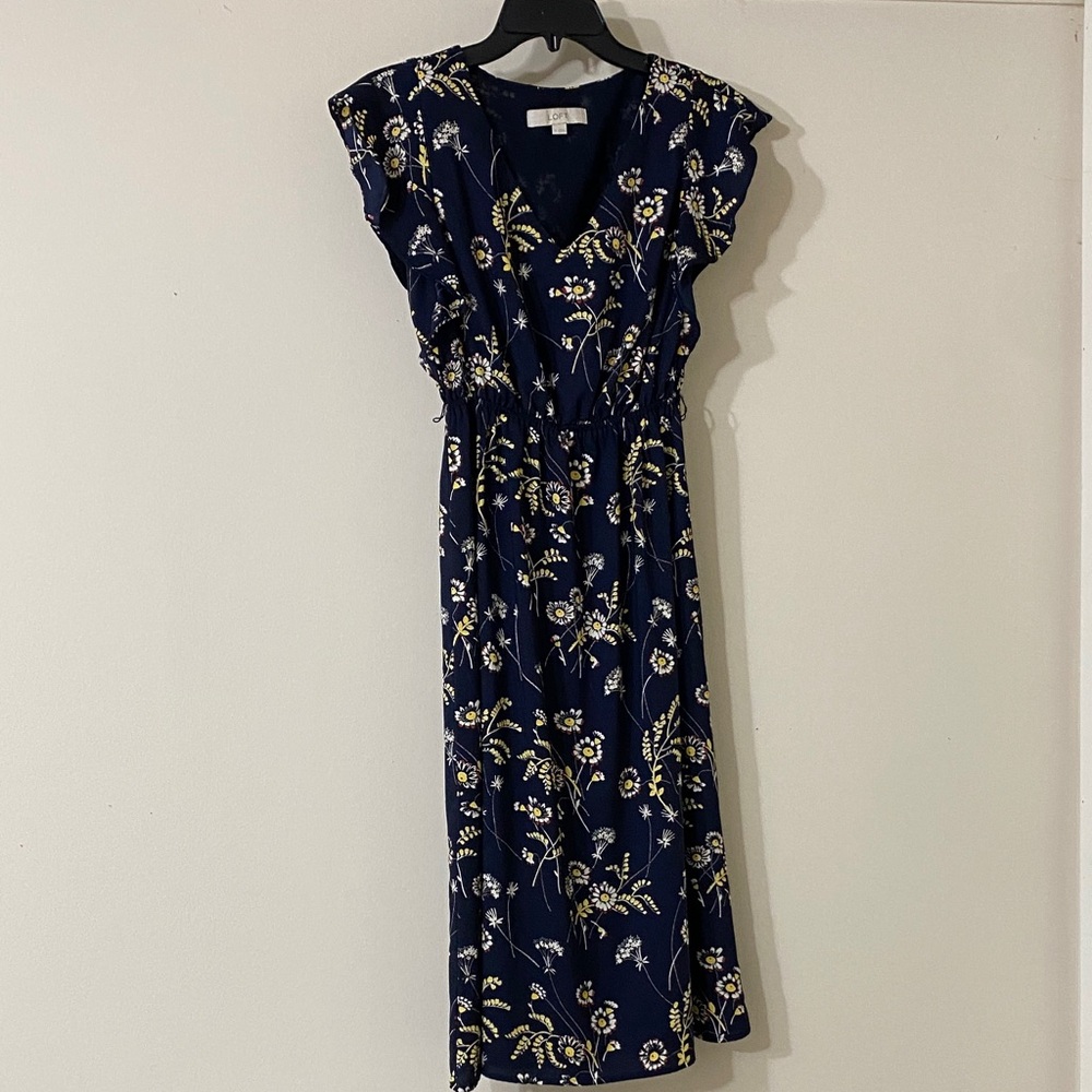 LOFT Navy Floral Midi Dress
